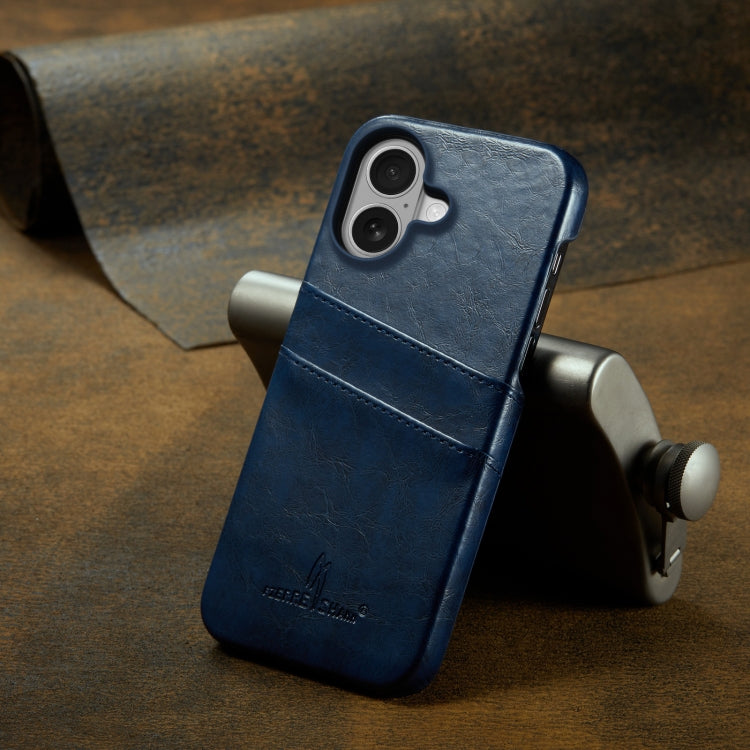 For iPhone 16 Plus Fierre Shann Retro Oil Wax Texture Card Slots PU Leather Phone Case(Blue)