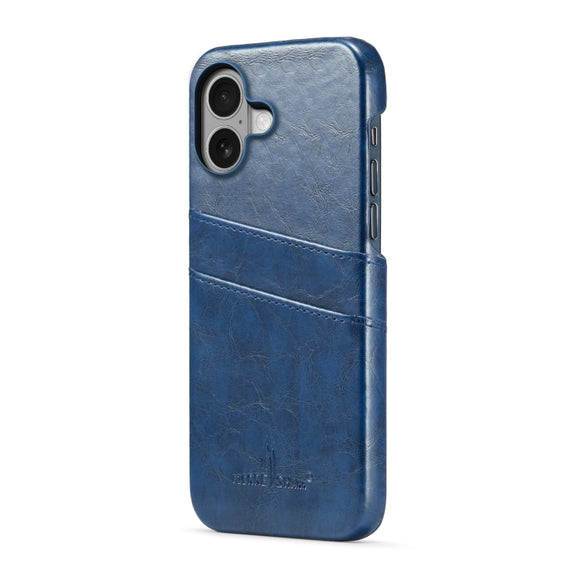 For iPhone 16 Plus Fierre Shann Retro Oil Wax Texture Card Slots PU Leather Phone Case(Blue)