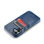 For iPhone 16 Plus Fierre Shann Retro Oil Wax Texture Card Slots PU Leather Phone Case(Blue)