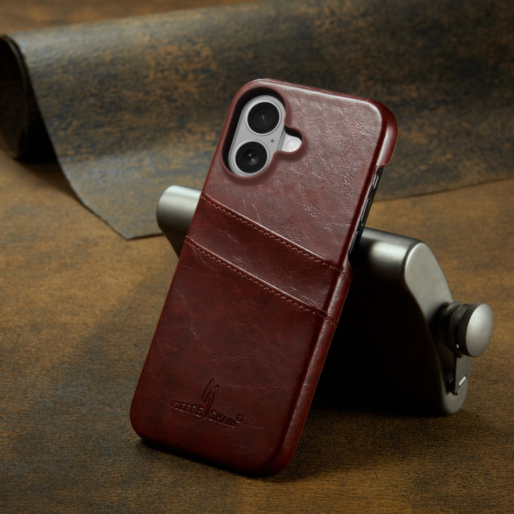 For iPhone 16 Plus Fierre Shann Retro Oil Wax Texture Card Slots PU Leather Phone Case(Brown)