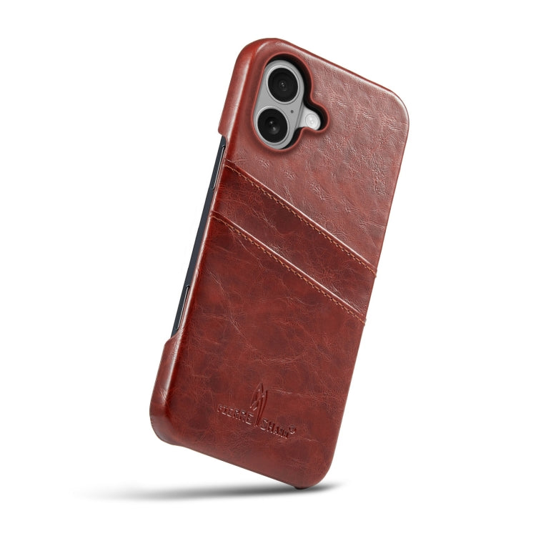 For iPhone 16 Plus Fierre Shann Retro Oil Wax Texture Card Slots PU Leather Phone Case(Brown)