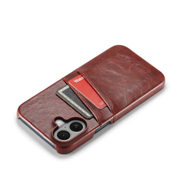 For iPhone 16 Plus Fierre Shann Retro Oil Wax Texture Card Slots PU Leather Phone Case(Brown)