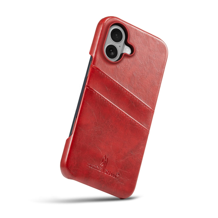 For iPhone 16 Fierre Shann Retro Oil Wax Texture Card Slots PU Leather Phone Case(Red)