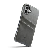 For iPhone 16 Fierre Shann Retro Oil Wax Texture Card Slots PU Leather Phone Case(Grey)