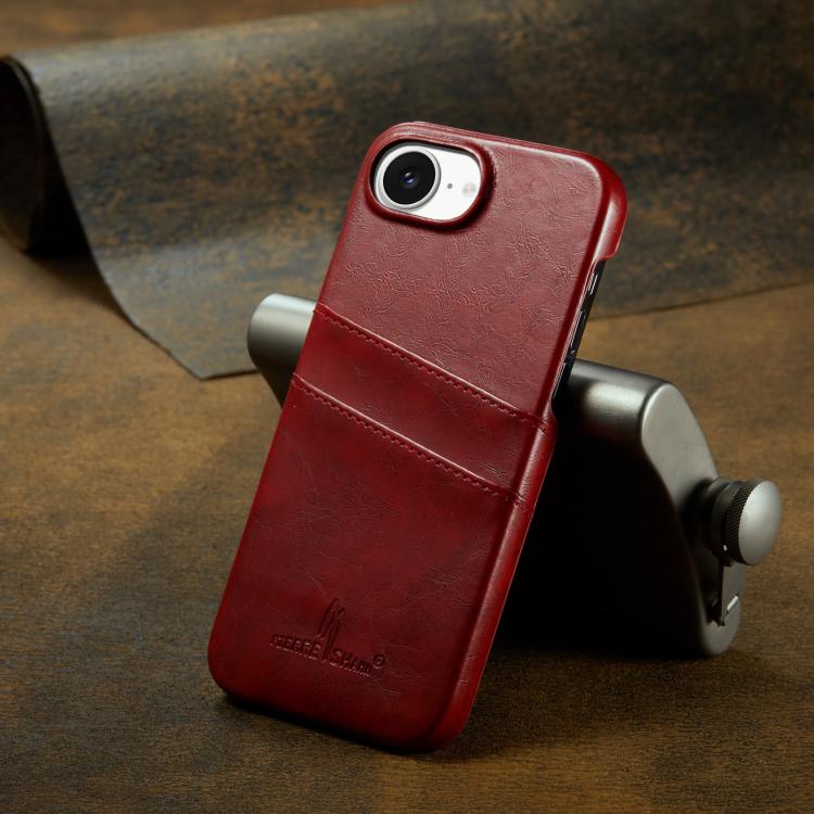 For iPhone 16e Fierre Shann Retro Oil Wax Texture Card Slots PU Leather Phone Case(Red)