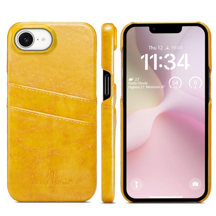 For iPhone 16e Fierre Shann Retro Oil Wax Texture Card Slots PU Leather Phone Case(Yellow)