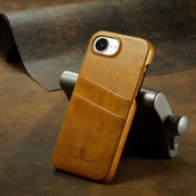 For iPhone 16e Fierre Shann Retro Oil Wax Texture Card Slots PU Leather Phone Case(Yellow)