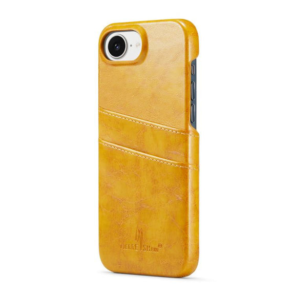 For iPhone 16e Fierre Shann Retro Oil Wax Texture Card Slots PU Leather Phone Case(Yellow)