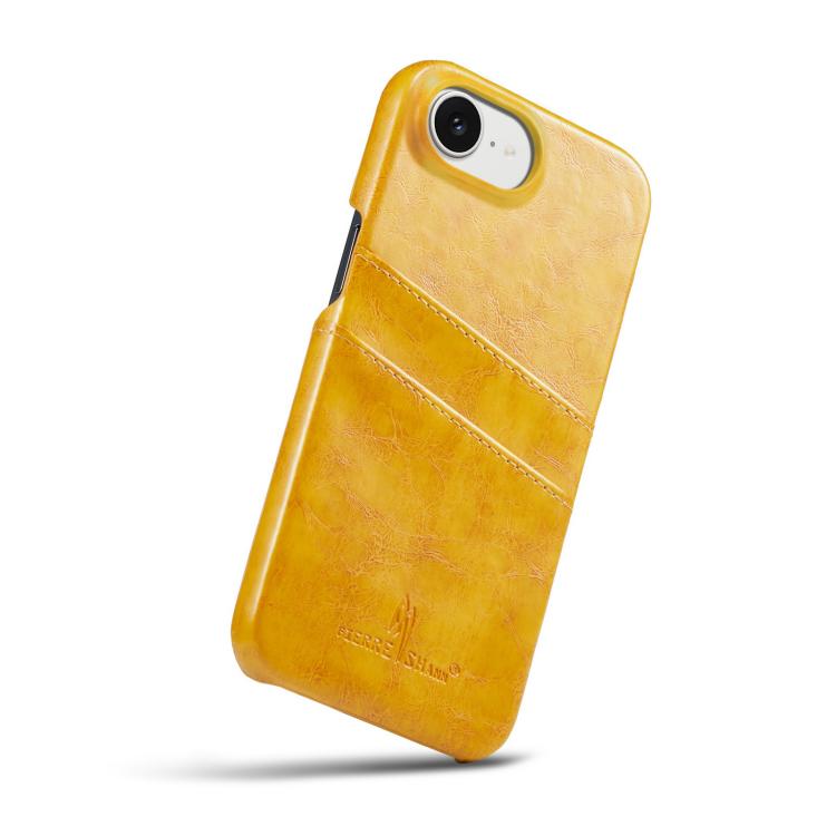 For iPhone 16e Fierre Shann Retro Oil Wax Texture Card Slots PU Leather Phone Case(Yellow)