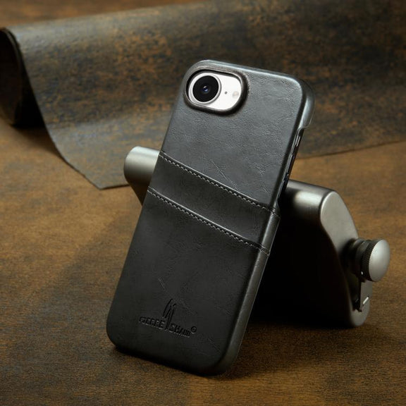 For iPhone 16e Fierre Shann Retro Oil Wax Texture Card Slots PU Leather Phone Case(Grey)