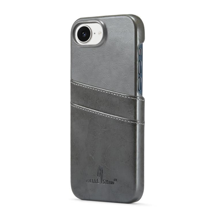 For iPhone 16e Fierre Shann Retro Oil Wax Texture Card Slots PU Leather Phone Case(Grey)
