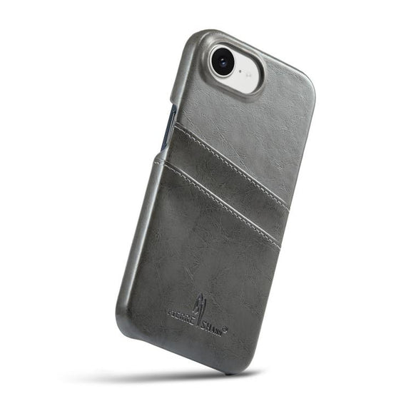For iPhone 16e Fierre Shann Retro Oil Wax Texture Card Slots PU Leather Phone Case(Grey)