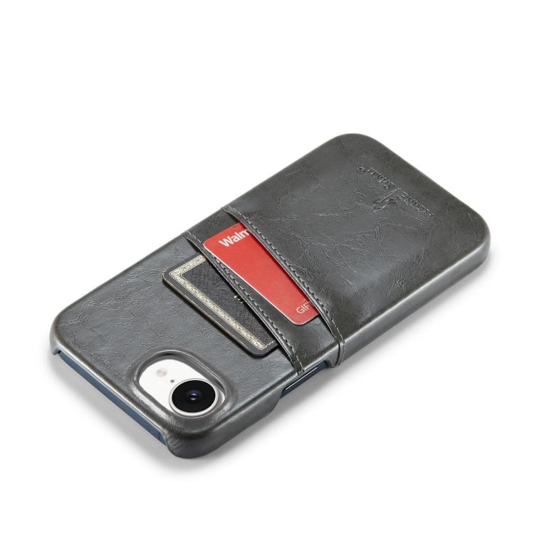 For iPhone 16e Fierre Shann Retro Oil Wax Texture Card Slots PU Leather Phone Case(Grey)