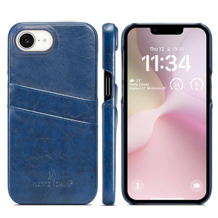 For iPhone 16e Fierre Shann Retro Oil Wax Texture Card Slots PU Leather Phone Case(Blue)