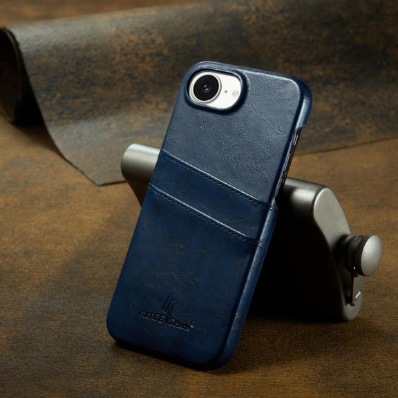 For iPhone 16e Fierre Shann Retro Oil Wax Texture Card Slots PU Leather Phone Case(Blue)