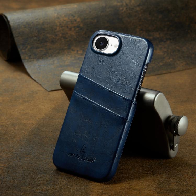 For iPhone 16e Fierre Shann Retro Oil Wax Texture Card Slots PU Leather Phone Case(Blue)