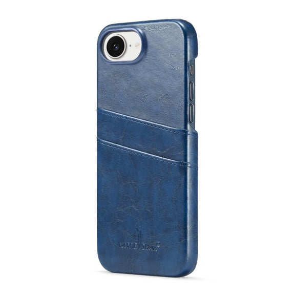 For iPhone 16e Fierre Shann Retro Oil Wax Texture Card Slots PU Leather Phone Case(Blue)