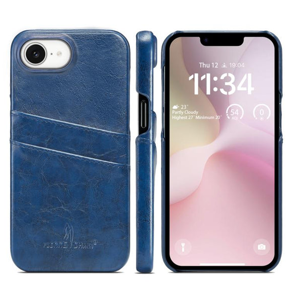 For iPhone 16e Fierre Shann Retro Oil Wax Texture Card Slots PU Leather Phone Case(Blue)
