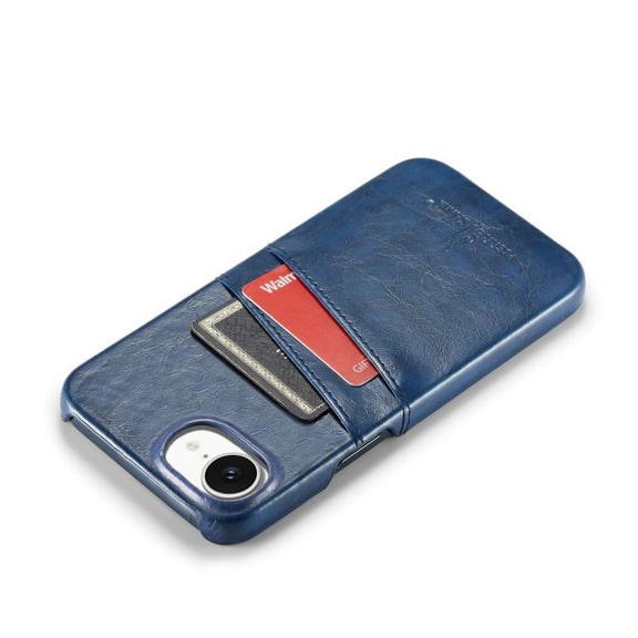 For iPhone 16e Fierre Shann Retro Oil Wax Texture Card Slots PU Leather Phone Case(Blue)