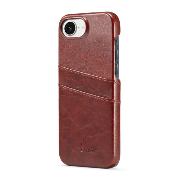 For iPhone 16e Fierre Shann Retro Oil Wax Texture Card Slots PU Leather Phone Case(Brown)