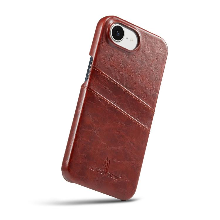 For iPhone 16e Fierre Shann Retro Oil Wax Texture Card Slots PU Leather Phone Case(Brown)