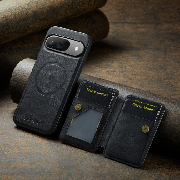 For Google Pixel 9 / 9 Pro Fierre Shann Cowhide Horizontal Flip Magnetic Card Holder Phone Case(Black)