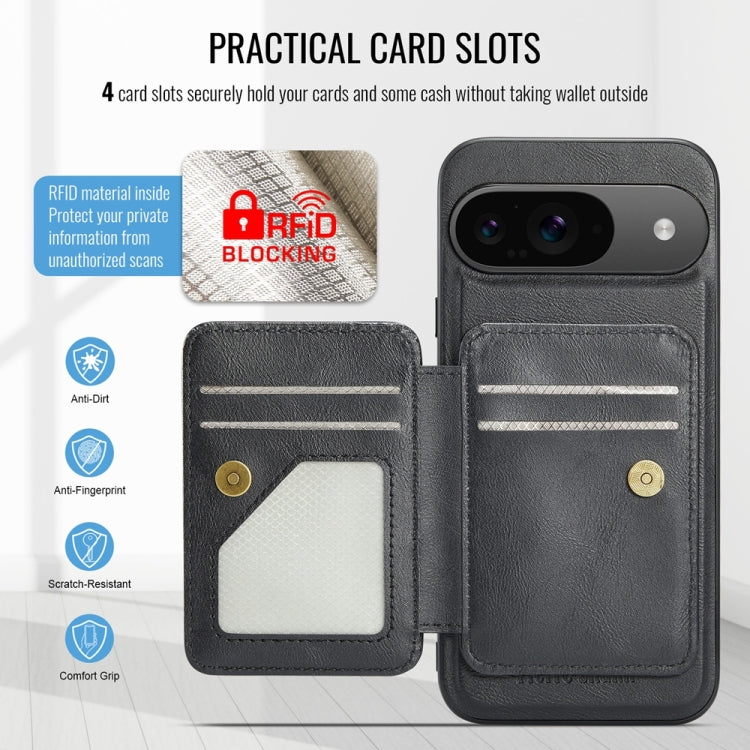 For Google Pixel 9 / 9 Pro Fierre Shann Cowhide Horizontal Flip Magnetic Card Holder Phone Case(Black)