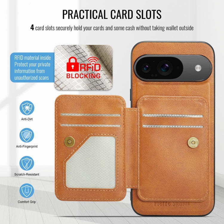 For Google Pixel 9 / 9 Pro Fierre Shann Cowhide Horizontal Flip Magnetic Card Holder Phone Case(Brown)