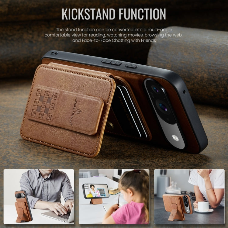 For Google Pixel 9 / 9 Pro Fierre Shann Cowhide Horizontal Flip Magnetic Card Holder Phone Case(Brown)