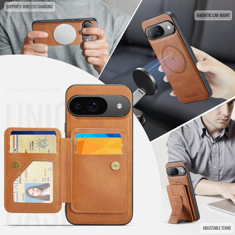 For Google Pixel 9 / 9 Pro Fierre Shann Cowhide Horizontal Flip Magnetic Card Holder Phone Case(Brown)