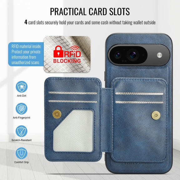 For Google Pixel 9 / 9 Pro Fierre Shann Cowhide Horizontal Flip Magnetic Card Holder Phone Case(Blue)