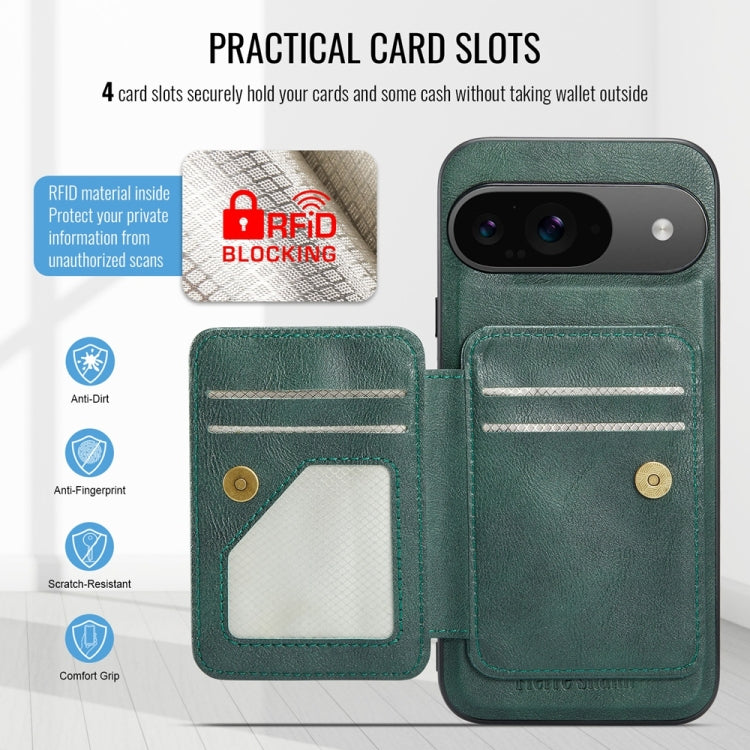 For Google Pixel 9 / 9 Pro Fierre Shann Cowhide Horizontal Flip Magnetic Card Holder Phone Case(Green)