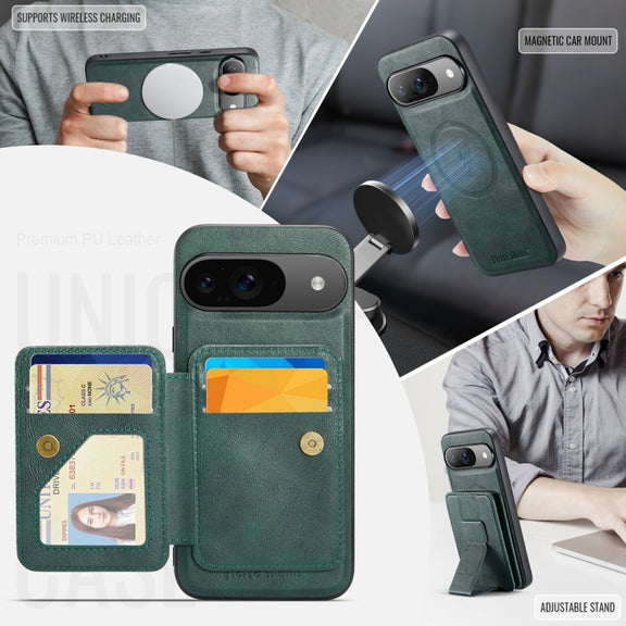 For Google Pixel 9 / 9 Pro Fierre Shann Cowhide Horizontal Flip Magnetic Card Holder Phone Case(Green)