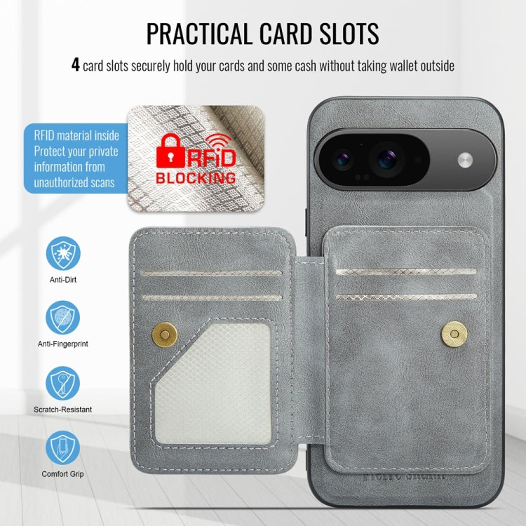 For Google Pixel 9 / 9 Pro Fierre Shann Cowhide Horizontal Flip Magnetic Card Holder Phone Case(Grey)