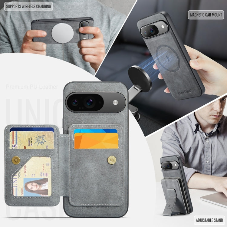 For Google Pixel 9 / 9 Pro Fierre Shann Cowhide Horizontal Flip Magnetic Card Holder Phone Case(Grey)