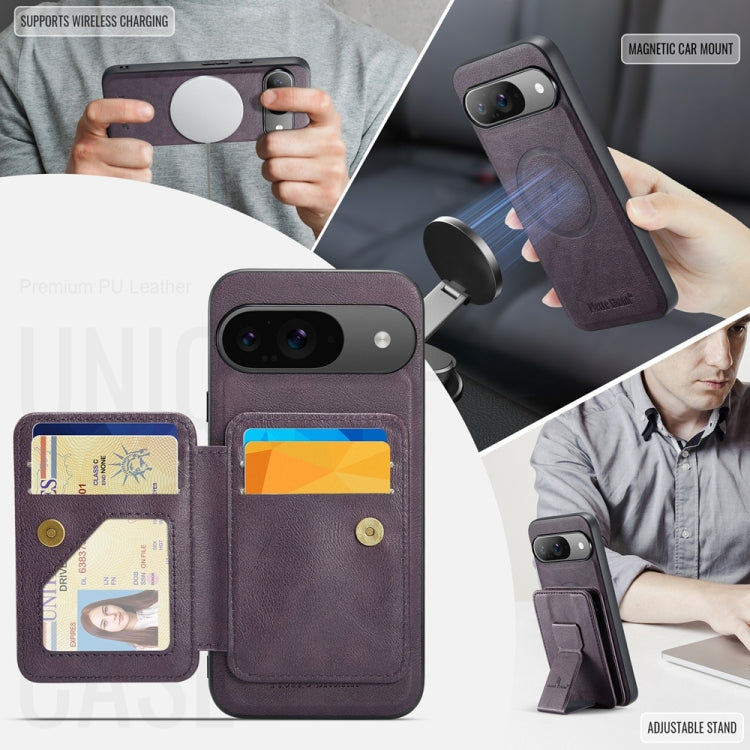 For Google Pixel 9 / 9 Pro Fierre Shann Cowhide Horizontal Flip Magnetic Card Holder Phone Case(Purple)