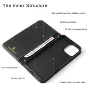For iPhone 16 Pro Max Fierre Shann Cowhide Leather Flip Leather Phone Case(Black)