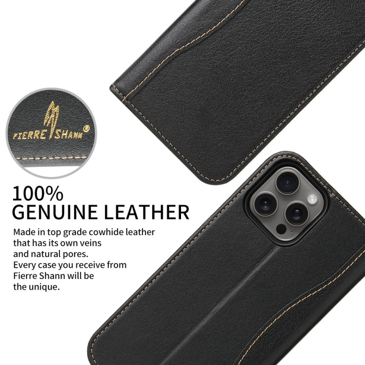 For iPhone 16 Pro Max Fierre Shann Cowhide Leather Flip Leather Phone Case(Black)