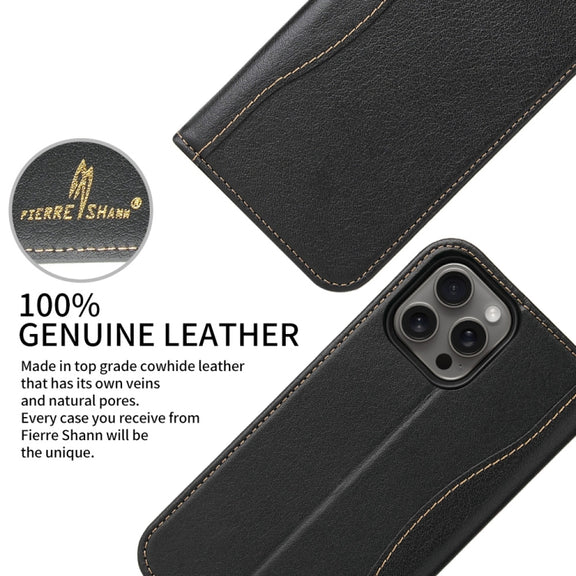 For iPhone 16 Pro Max Fierre Shann Cowhide Leather Flip Leather Phone Case(Black)