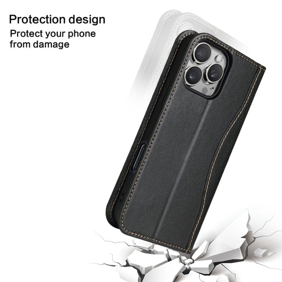 For iPhone 16 Pro Max Fierre Shann Cowhide Leather Flip Leather Phone Case(Black)