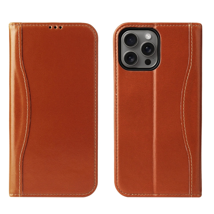 For iPhone 16 Pro Max Fierre Shann Cowhide Leather Flip Leather Phone Case(Brown)