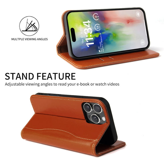 For iPhone 16 Pro Max Fierre Shann Cowhide Leather Flip Leather Phone Case(Brown)