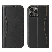 For iPhone 16 Pro Fierre Shann Cowhide Leather Flip Leather Phone Case(Black)