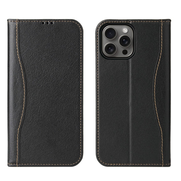 For iPhone 16 Pro Fierre Shann Cowhide Leather Flip Leather Phone Case(Black)