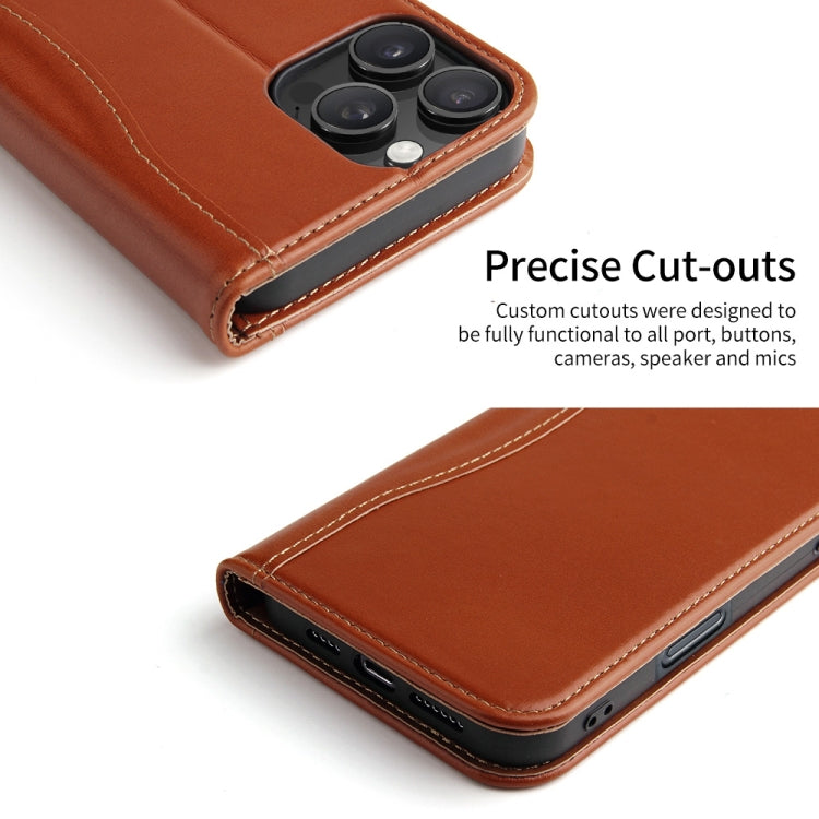 For iPhone 16 Pro Fierre Shann Cowhide Leather Flip Leather Phone Case(Brown)