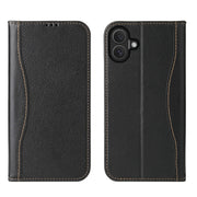 For iPhone 16 Plus Fierre Shann Cowhide Leather Flip Leather Phone Case(Black)