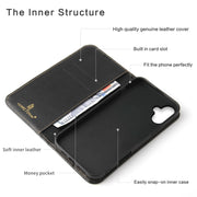 For iPhone 16 Plus Fierre Shann Cowhide Leather Flip Leather Phone Case(Black)