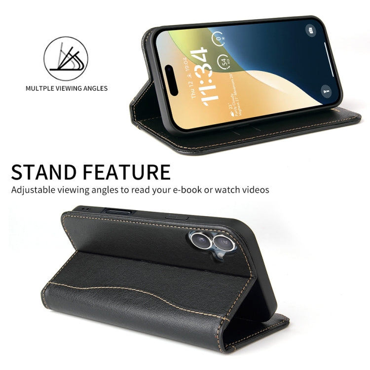 For iPhone 16 Plus Fierre Shann Cowhide Leather Flip Leather Phone Case(Black)