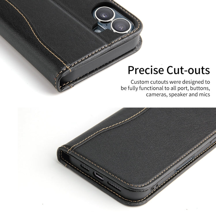 For iPhone 16 Plus Fierre Shann Cowhide Leather Flip Leather Phone Case(Black)