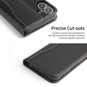 For iPhone 16 Plus Fierre Shann Cowhide Leather Flip Leather Phone Case(Black)